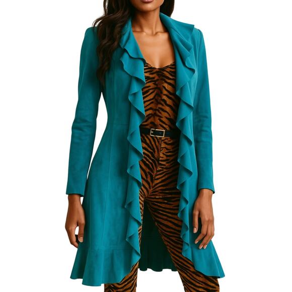 Scully Jackets & Blazers - Vintage 90s Scully Turquoise Blue Ruffle Suede Leather Long Jacket size XS Tiger